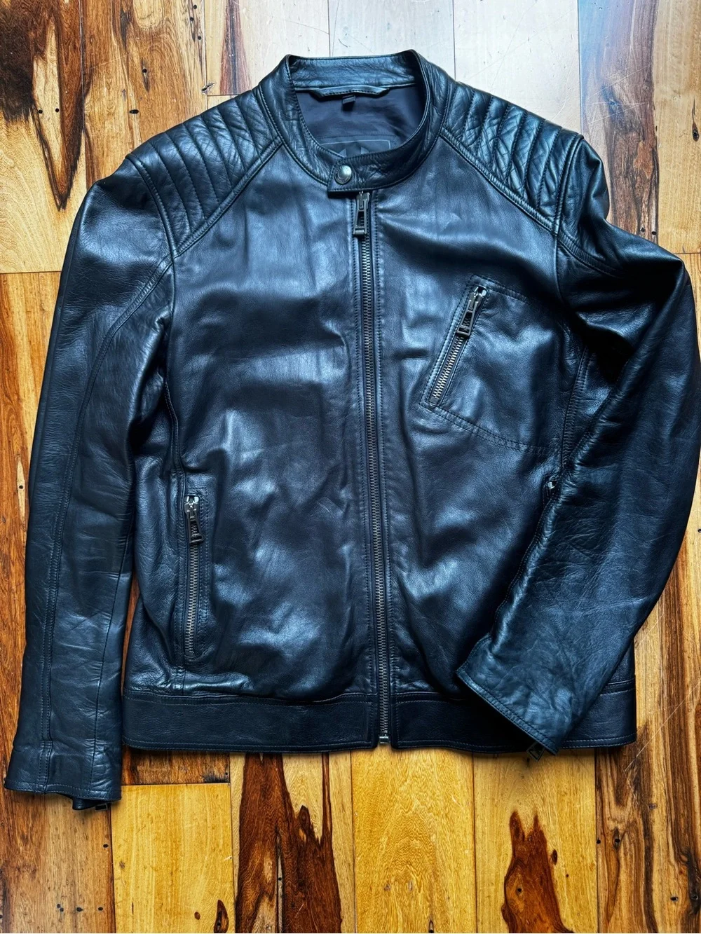 Belstaff Mens Black Leather Cafe Racer Motorcycle Jacket size 54 Italian Made